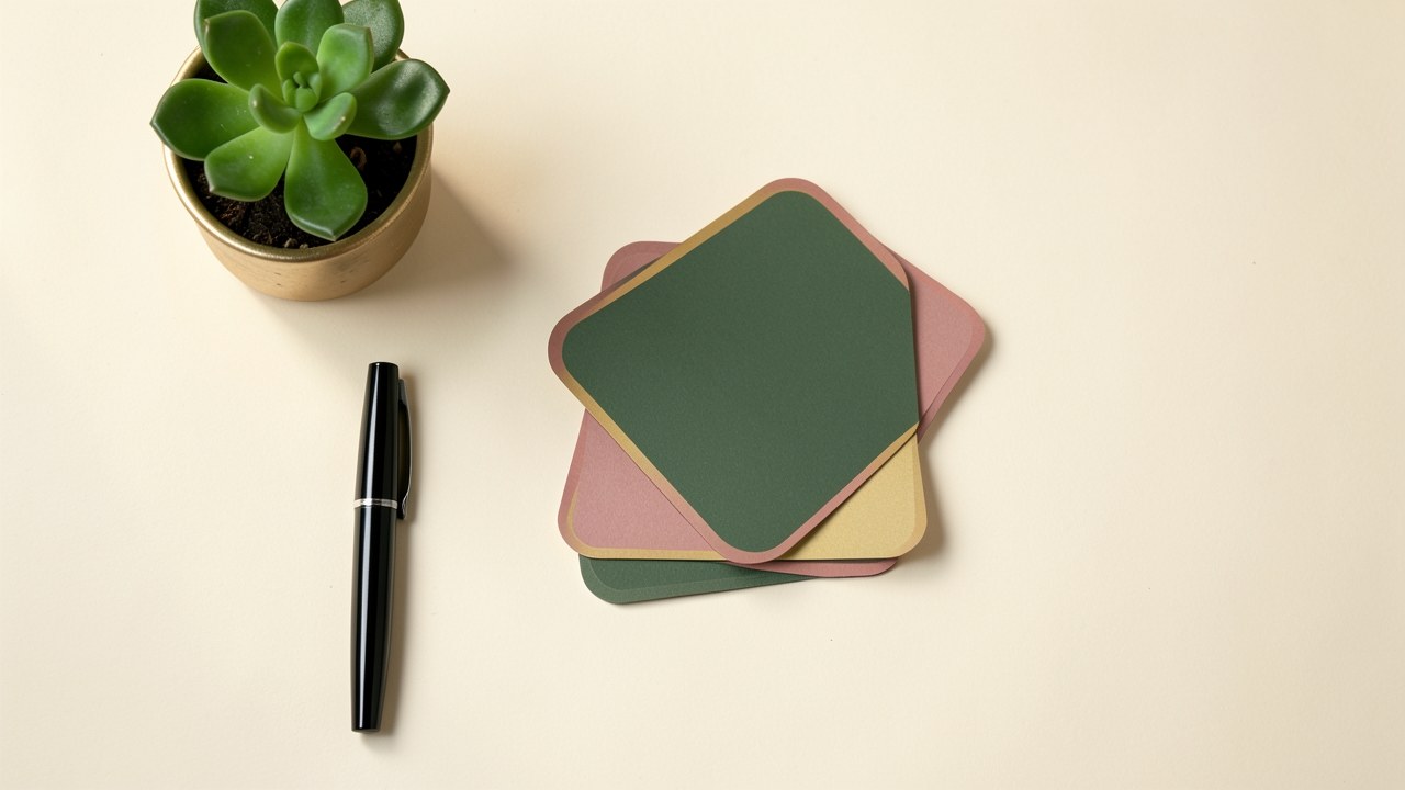 A flat-lay of a clean desk with a warm off-white background, featuring a small stack of rounded rectangular cards with subtle borders, a pen, and a small green plant. The