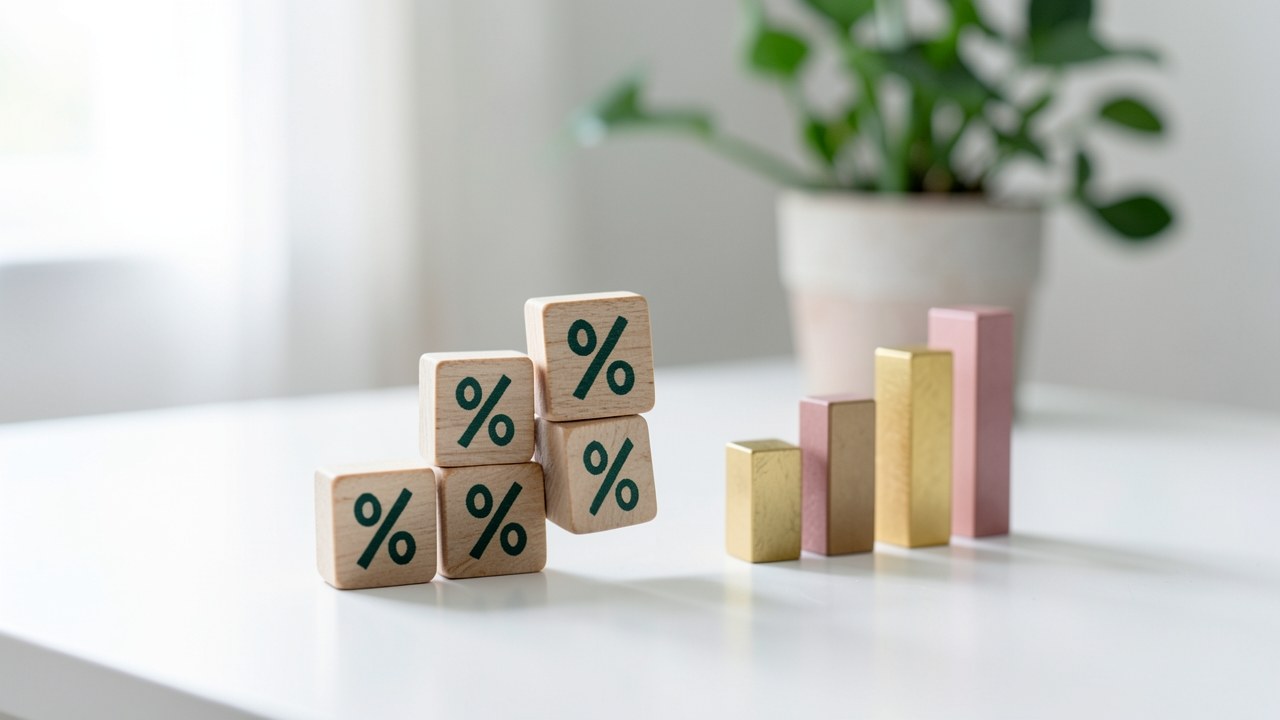 A neatly arranged set of percentage sign tiles and a small chart-like bar graph on a white table, with a green plant in the background, representing loan rates.