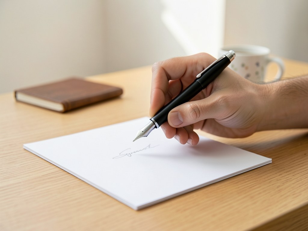 A hand holding a fountain pen about to sign a document lying on a clean desk with a small notebook and a coffee cup, symbolizing the loan application process.
