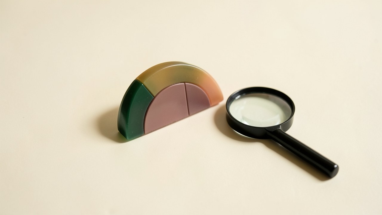 A gauge-like visual made of three colored segments (forest green, muted gold, dusky rose) on a white surface, next to a small magnifying glass, representing credit scoring.