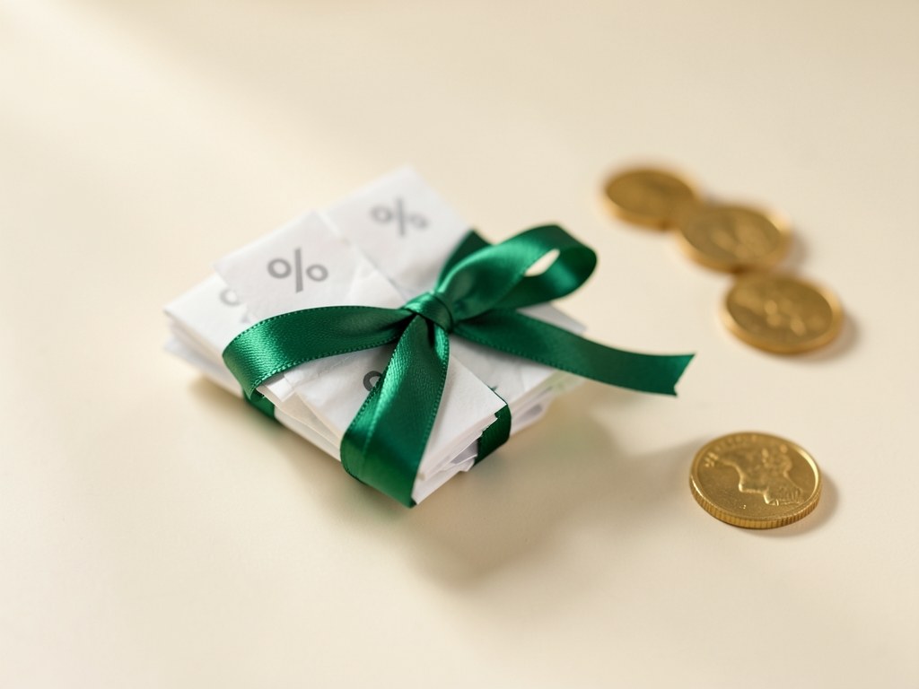 Several small sheets of paper with a percent symbol are being swept together and tied with a green ribbon, symbolizing consolidation.