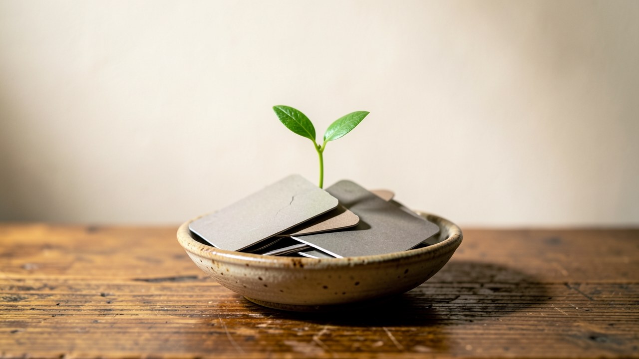 A collection of faded, crumpled credit cards in a shallow dish, with a small green sprout growing from the center, symbolizing recovery.