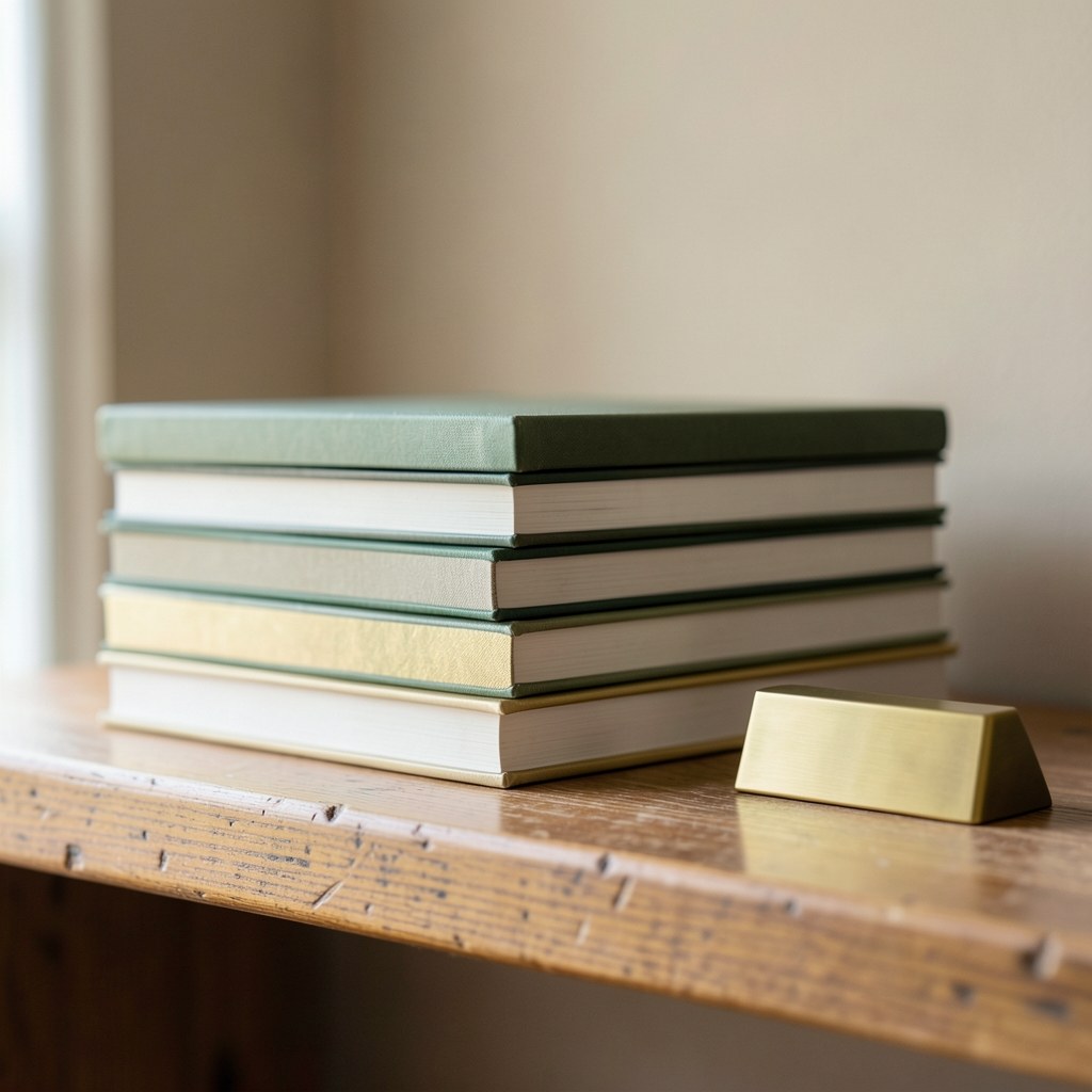A neat stack of books and a small brand name plaque on a wooden shelf, conveying a sense of established information and trust.