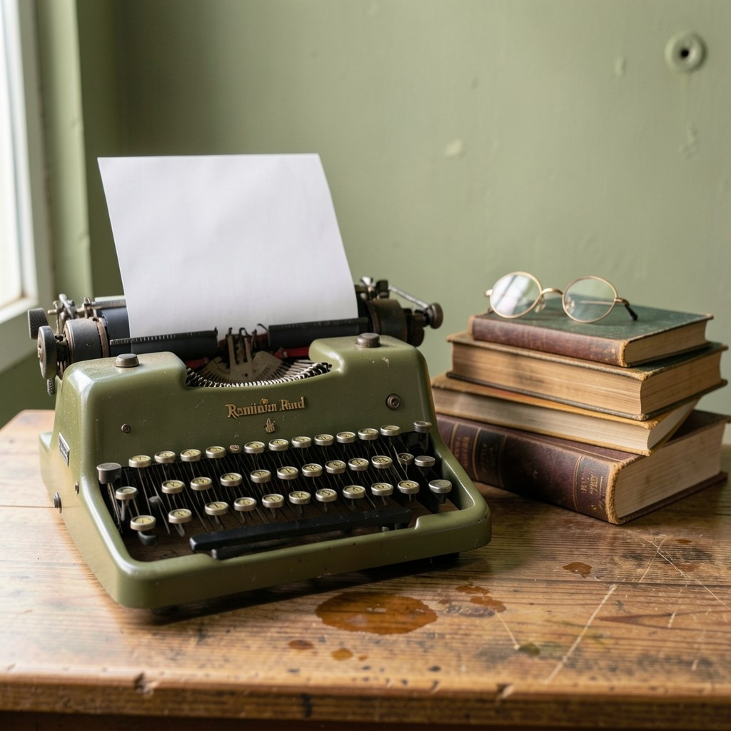 A vintage typewriter with a blank sheet of paper, on a wooden desk, symbolizing editorial standards and writing process.