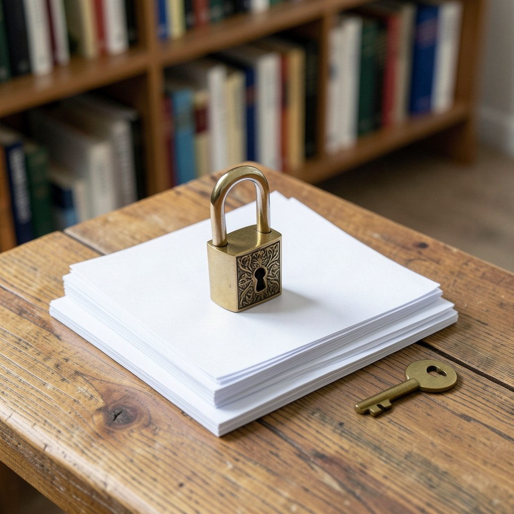 A small padlock made of metal sitting on a stack of documents, with a key on a table, symbolizing privacy and data protection.
