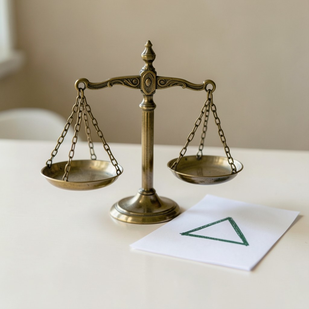 A small brass scale of justice on a desk, with a sheet of paper with a warning triangle icon, symbolizing a disclaimer.