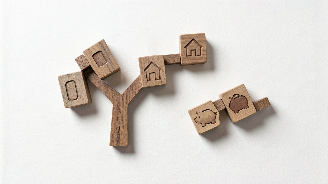 A branching diagram made of wooden blocks with small icons of a credit card, a house, and a piggy bank, representing multiple options.