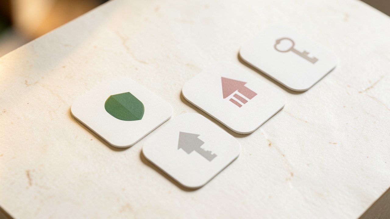 A set of four small cards, each with a different abstract icon (shield, bar chart, house, and key), representing different types of loans.