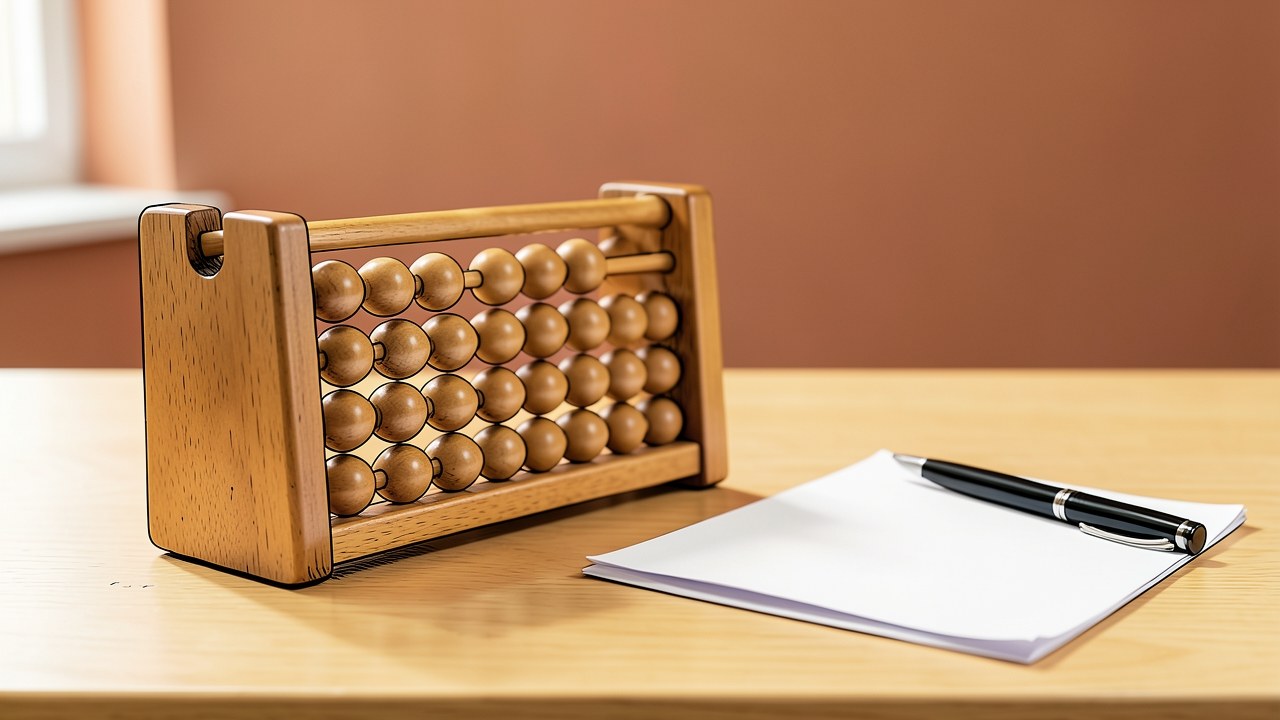 A simple wooden abacus with a few beads moved to one side, on a desk with a pen and paper, symbolizing calculation.
